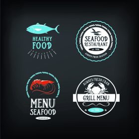 دانلود منوی غذاهای دریایی و عناصر طراحی نشانها.
