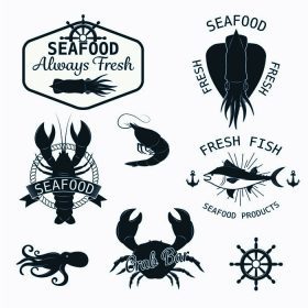 دانلود آرم های غذای دریایی تنظیم شده است. عناصر طراحی. نشان های برچسب و برچسب set_001