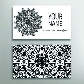 دانلود کارت کسب و کار با تزئین Mandala و الگوی هندسی گل. عناصر تزئینی عتیقه، انگلیس عربی عربی. سیاه و سفید