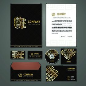 دانلود تیره قهوه ای با راه حل های شناسایی طلا با بافت برای شرکت های تجاری یا کسب و کار که شامل پوشش CD، کارت های کسب و کار، طرح نامه نامه سر