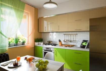 دانلود تصویر 3D از آشپزخانه با نمادهای بژ و سبز