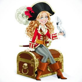دانلود دختر دزد دریایی ناز با طوطی نشسته بر روی قفسه سینه بزرگ جدا شده بر روی زمینه سفید