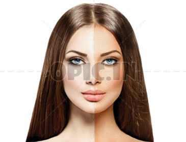 دانلود زن جوان زیبا با پوست برنزه قبل و بعد از قهوهای مایل به زرد. صورت تقسیم شده به دو قسمت، برنزه و طبیعی است. مفهوم سوپرمن جدا از یک