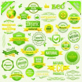 دانلود مجموعه ای از مواد غذایی ارگانیک، محیط زیست، برچسب های زیستی و عناصر. عناصر لوگو برای غذا و نوشیدنی. تصویر برداری از رستوران ها و محصولات ارگانیک