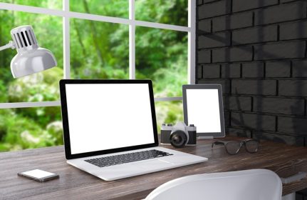دانلود تصویر 3D لپ تاپ و کار کار بر روی میز در نزدیکی دیوار آجری، فضای کاری