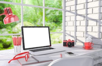 دانلود تصویر 3D لپ تاپ و کار کار بر روی میز در نزدیکی دیوار آجری، فضای کاری