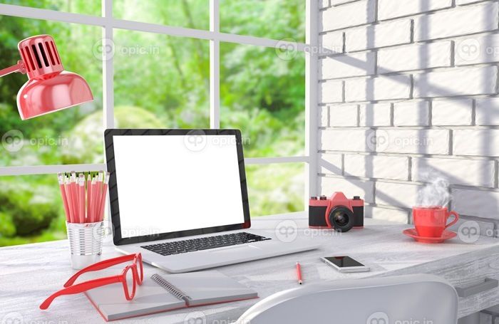 دانلود تصویر 3D لپ تاپ و کار کار بر روی میز در نزدیکی دیوار آجری، فضای کاری
