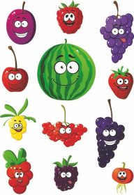 دانلود مجموعه رنگارنگ میوه ها و توت های کارتونی لبخند خوشحال برای یک رژیم غذایی سالم یا طراحی غذاهای گیاهی