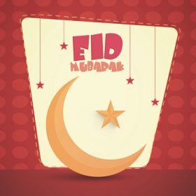 دانلود طراحی کارت پستال زیبا که با ماه براق تزئین شده و ستارگان آویزان با زمینه قرمز برای جشنواره جامعه مسلمانان ، جشن عید