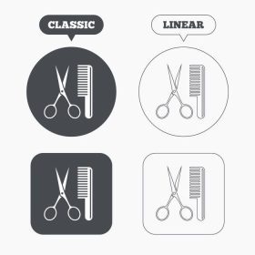 دانلود مو را با نماد علامت قیچی شانه کنید. نماد آرایشگر دکمه های وب کلاسیک و خط. دایره ها و مربع ها. وکتور