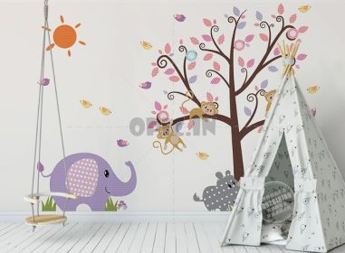 دانلود کارتونی دست خورشید فیل آفتاب درخت بزرگ دیوار پس زمینه اتاق خواب کودکان