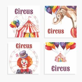 دانلود مجموعه کارت های سیرک با بالن حیوانات آبرنگ و تصویر برداری جدا شده دلقک