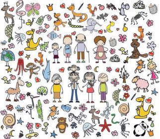 دانلود کودکان و نوجوانان ، نقاشی های خانواده doodle ، حیوانات ، مردم ، گل ها
