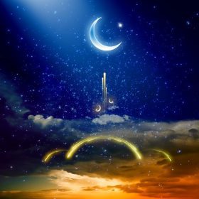 دانلود پس زمینه عید مبارک با ماه و ستاره های براق ، ماه مبارک رمضان کریم ، غروب خورشید درخشان ، مسجد درخشان در آسمان