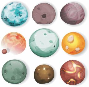 دانلود سیاره های طنز تنظیم مجموعه ای از سیارات مختلف ، قمرها ، سیارک ها و کره های زمین جدا شده بر روی رنگ سفید برای زمینه های scifi و بازی های فضایی