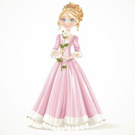 دانلود شاهزاده خانم جوان زیبا در یک لباس صورتی که دارای گل رز سفید است که بر روی زمینه سفید جدا شده است