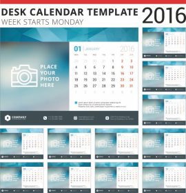 دانلود الگوی طراحی وکتور تقویم میز 2016. مجموعه 12 ماه هفته از دوشنبه آغاز می شود