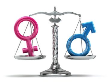 دانلود مفهوم برابری جنسیتی. علائم زن و مرد در مقیاس های جدا شده بر روی رنگ سفید. سه بعدی