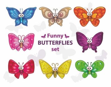 دانلود مجموعه پروانه های رنگارنگ کارتونی خنده دار ، شخصیت های جدا شده بردار