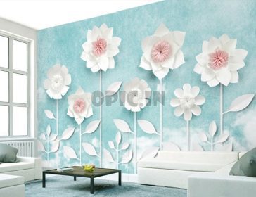 طرح کاغذ دیواری سه بعدی گل برجسته با زمینه آبی