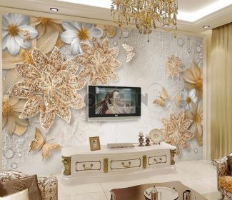 دانلود کاغذ دیواری جواهرات لوکس 3 بعدی استریو طلایی گل