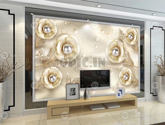 دانلود طرح کاغذ دیواری سه بعدی گل مرواریدی برجسته