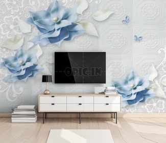 دانلود کاغذ دیواری گل های آبی برجسته