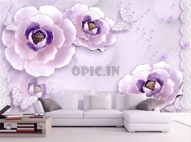 طرح کاغذ دیواری 3D زمینه عاشقانه گل بنفش و پروانه و مروارید