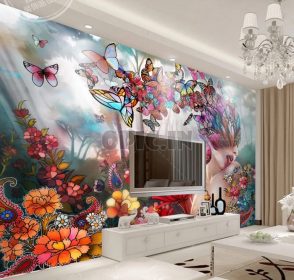 دانلود طرح کاغذ دیواری گل ها و پروانه های رنگارنگ