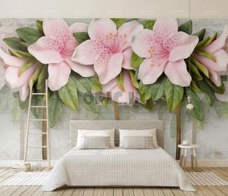 دانلود طرح کاغذ دیواری گلهای صورتی برجسته و برجسته ، دیوار آجری 3D