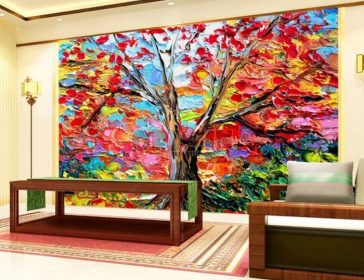 دانلود طرح کاغذ دیواری نقاشی روغن سه بعدی درختان رنگارنگ پس زمینه تلویزیون نقاشی دکوراسیون دیوار