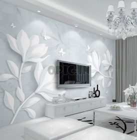 دانلود طرح کاغذ دیواری پروانه ماگنولیا سفید برجسته ساده 3D دیوار استریو تلویزیون استریو