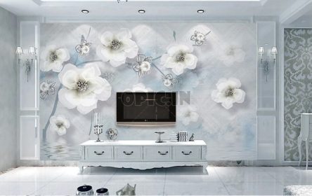 دانلود طرح کاغذ دیواری الگوی آب گل مروارید اروپایی 3D دیوار پس زمینه تلویزیون جواهرات سه بعدی