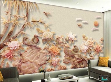 دانلود طرح کاغذ دیواری گل جید حک شده صد گل و دیوار پس زمینه تلویزیون غنی چینی