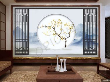 دانلود طرح کاغذ دیواری جوهر چینی خلق و خوی آبی جوهر کوهی برگ درخت گل زمینه دیواری شاخه