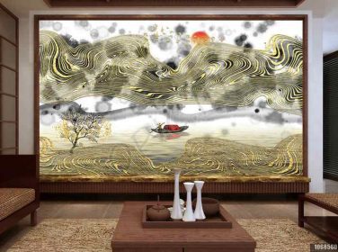 دانلود طرح کاغذ دیواری سبک چینی جدید چشم انداز طلایی نقاشی دیواری پس زمینه تلویزیون