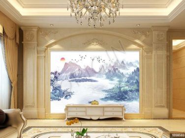 دانلود طرح کاغذ دیواری پرندگان چشم انداز جدید هنری چینی که در حال بالا آمدن دیوار پس زمینه تلویزیون خورشید هستند