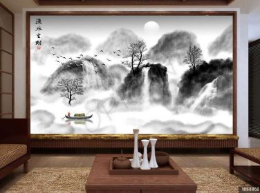 دانلود طرح کاغذ دیواری دیوار چشمی آب و ثروت جدید به سبک چینی نقاشی دیواری پس زمینه تلویزیون