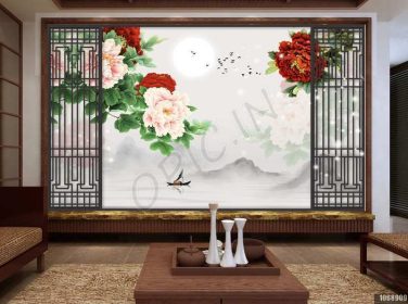 دانلود طرح کاغذ دیواری جوهر گل صد تومانی چینی کوه ماه دیواری قاب قاب پرنده