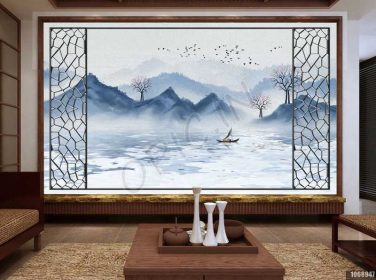 دانلود طرح کاغذ دیواری جدید چینی آبی آبی مفهوم هنری درخت بازتاب کشتی پرنده قاب درب رنگ نقاشی دیواری دیوار پس زمینه