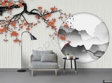 دانلود طرح کاغذ دیواری شاخه شکوفه آلو مینیمالیستی مدرن دیوار پس زمینه کوه