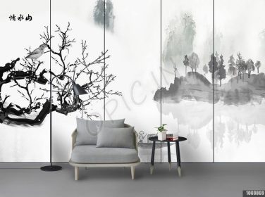 دانلود طرح کاغذ دیواری سبک چینی جدید دستمال کاغذ دیواری چشم انداز جوهر