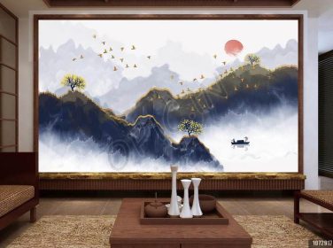 دانلود طرح کاغذ دیواری دیوار سفارشی پرنده کوهستان طلایی خلاق جدید چینی