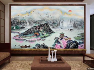 دانلود طرح کاغذ دیواری هنر خلاق چینی ، چشم انداز زیبا jiangnan نقاشی دیواری پس زمینه تلویزیون