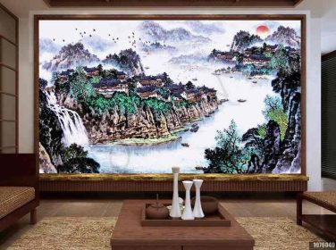 دانلود طرح کاغذ دیواری به سبک چینی نقاشی روغن زیبا jiangnan چشم انداز نقاشی دیواری پس زمینه تلویزیون