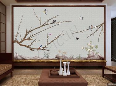 دانلود طرح کاغذ دیواری سبک چینی تازه و ظریف با شاخه های پرنده و پروانه پروانه نقاشی شده با دست