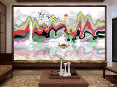 دانلود طرح کاغذ دیواری انتزاعی چینی پس زمینه تلویزیون نقاشی چشم انداز رایگان