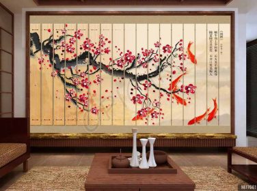 دانلود طرح کاغذ دیواری سبک چینی بامبو آلو شکوفه ماهی طلایی نه کاخ دیواره پس زمینه شکل