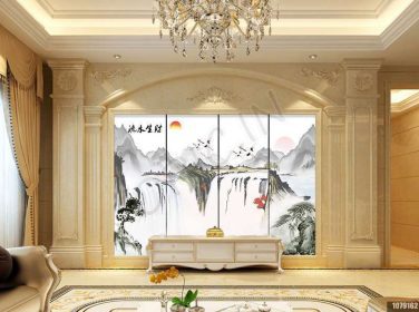 دانلود طرح کاغذ دیواری نقاشی منظره چینی ، جرثقیل پرواز ، دیوار پس زمینه آب و ثروت