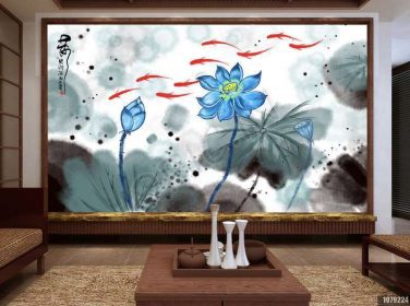 دانلود طرح کاغذ دیواری دیواری پس زمینه تلویزیون لوتوس آبی رنگ جدید به سبک چینی